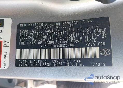 2016 Toyota Camry Se from USA, damaged, VIN 4T1BF1FKXGU577400